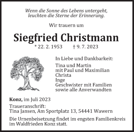 Traueranzeige von Siegfried Christmann von trierischer_volksfreund