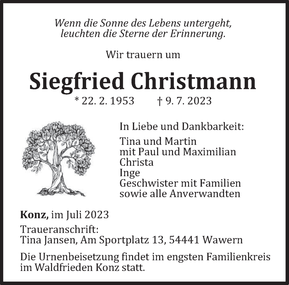  Traueranzeige für Siegfried Christmann vom 15.07.2023 aus trierischer_volksfreund
