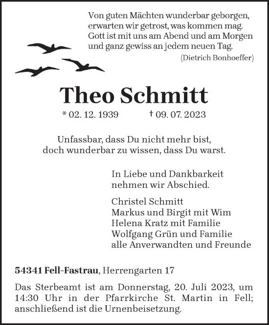 Traueranzeige von Theo Schmitt von trierischer_volksfreund