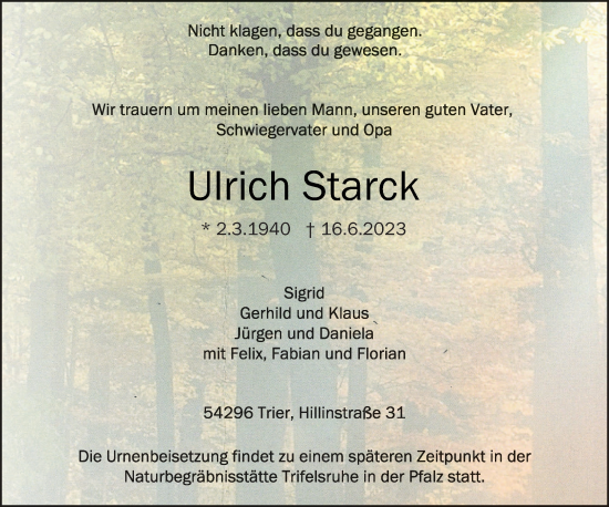 Traueranzeige von Ulrich Starck von trierischer_volksfreund