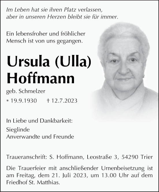 Traueranzeige von Ursula Hoffmann von trierischer_volksfreund