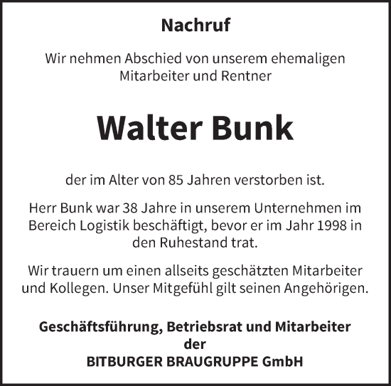 Traueranzeige von Walter Bunk von trierischer_volksfreund