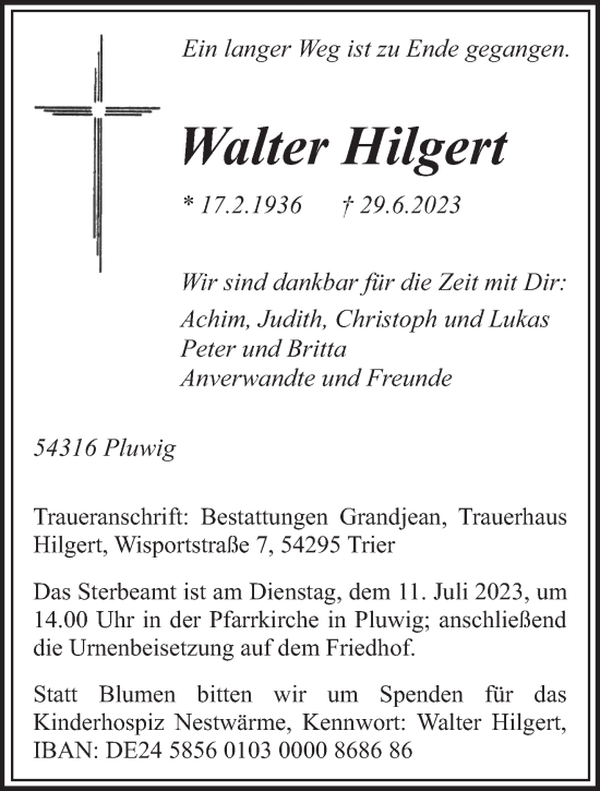 Traueranzeige von Walter Hilgert von trierischer_volksfreund
