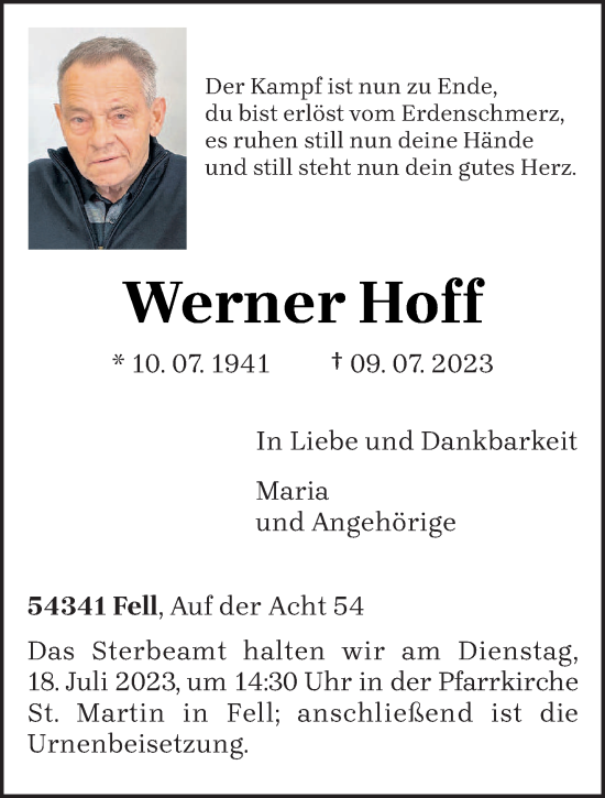 Traueranzeige von Werner Hoff von trierischer_volksfreund