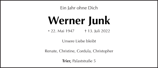 Traueranzeige von Werner Junk von trierischer_volksfreund