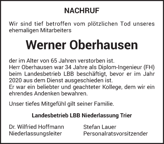 Traueranzeige von Werner Oberhausen von trierischer_volksfreund