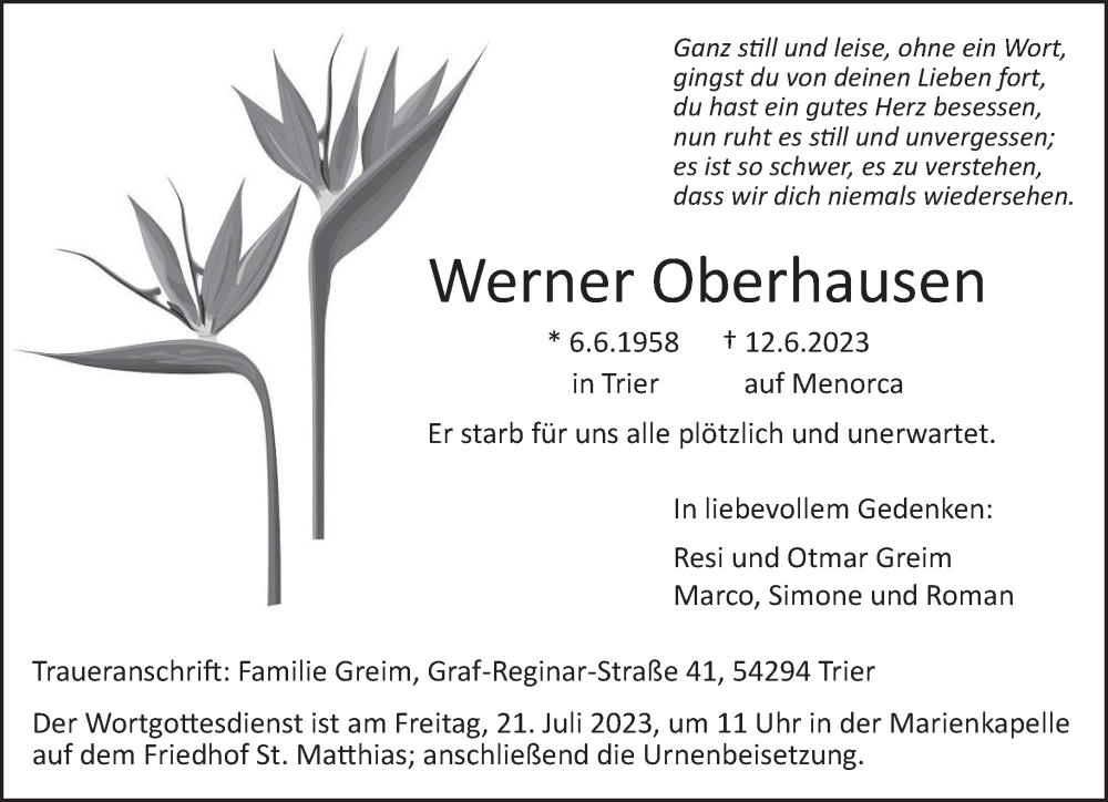  Traueranzeige für Werner Oberhausen vom 15.07.2023 aus trierischer_volksfreund