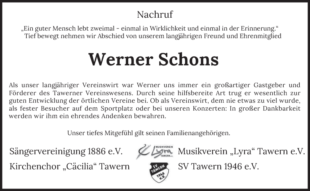  Traueranzeige für Werner Schons vom 06.07.2023 aus trierischer_volksfreund