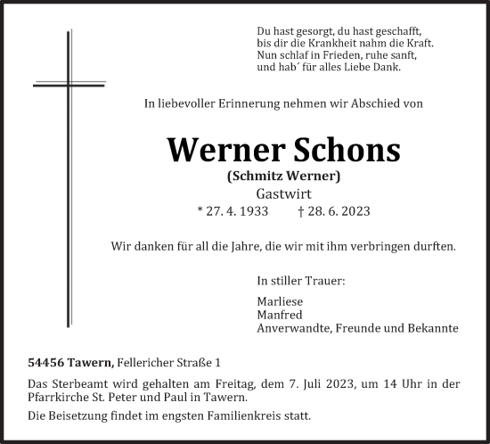 Traueranzeige von Werner Schons von trierischer_volksfreund