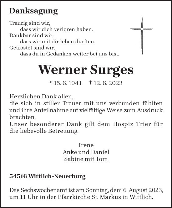 Traueranzeige von Werner Surges von trierischer_volksfreund