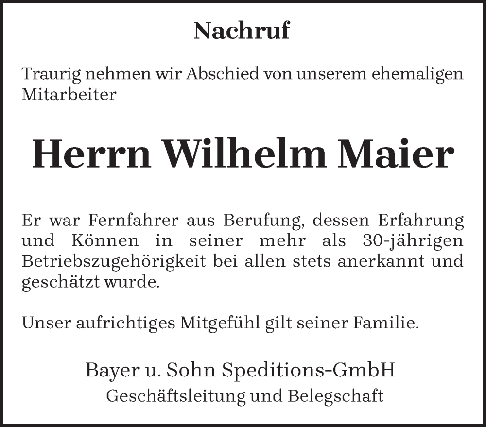  Traueranzeige für Wilhelm Maier vom 14.07.2023 aus trierischer_volksfreund