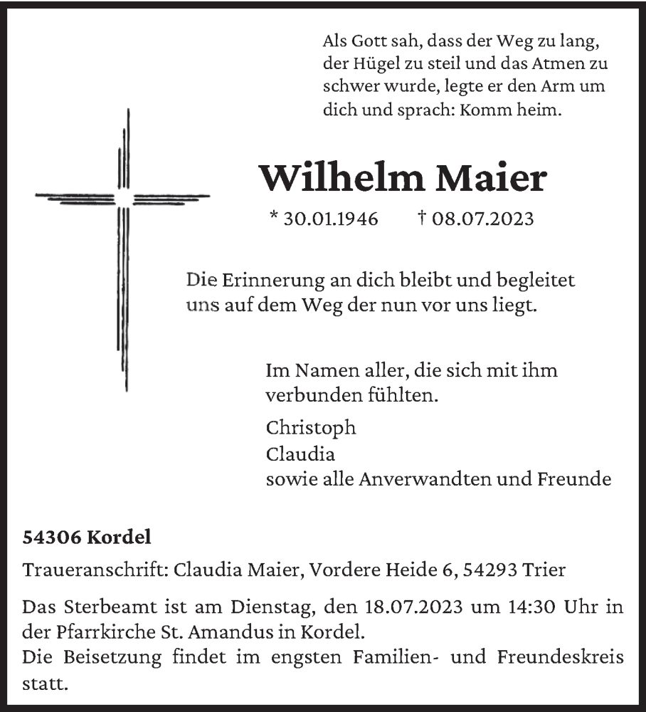  Traueranzeige für Wilhelm Maier vom 13.07.2023 aus trierischer_volksfreund