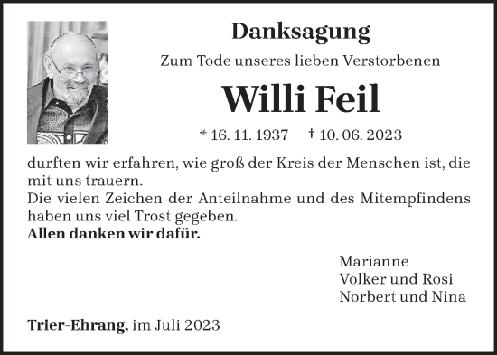 Traueranzeige von Willi Feil von trierischer_volksfreund
