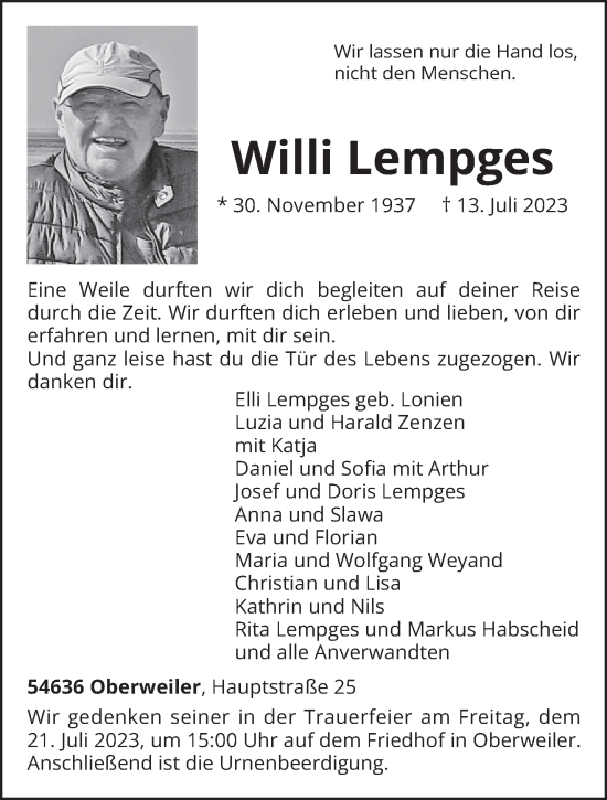Traueranzeige von Willi Lempges von trierischer_volksfreund