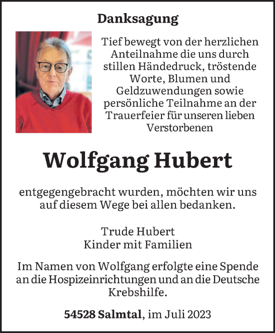 Traueranzeige von Wolfgang Hubert von trierischer_volksfreund