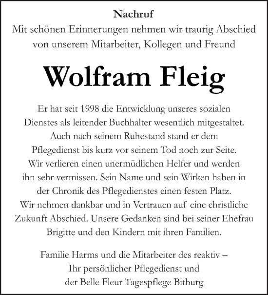 Traueranzeige von Wolfram Fleig von trierischer_volksfreund