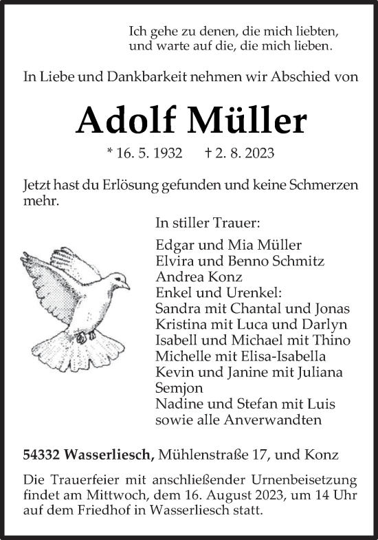 Traueranzeige von Adolf Müller von trierischer_volksfreund
