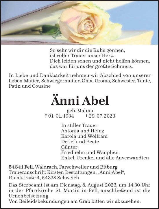 Traueranzeige von Änni Abel von trierischer_volksfreund