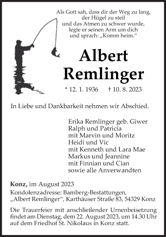 Traueranzeige von Albert Remlinger von trierischer_volksfreund