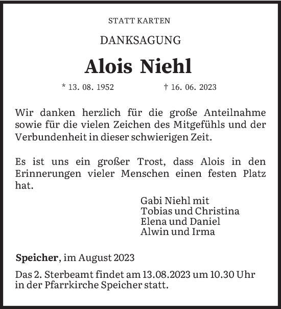 Traueranzeige von Alois Niehl von trierischer_volksfreund