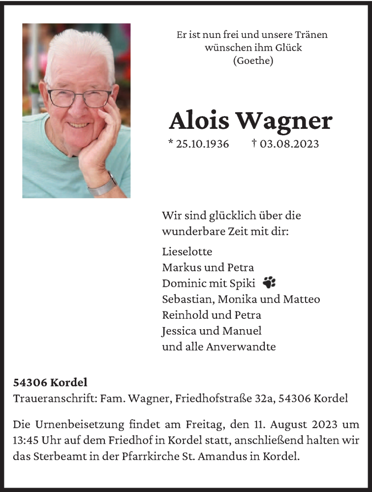  Traueranzeige für Alois Wagner vom 08.08.2023 aus trierischer_volksfreund