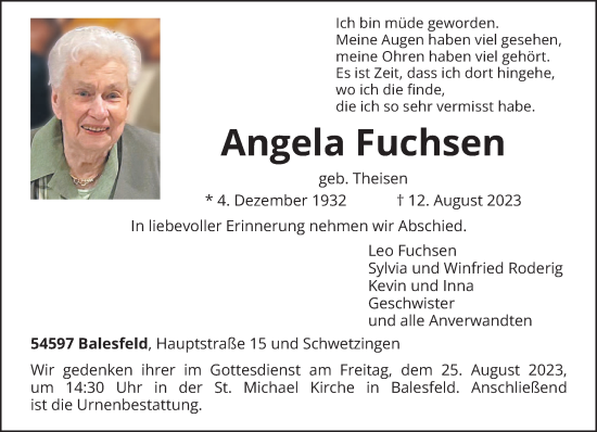 Traueranzeige von Angela Fuchsen von trierischer_volksfreund