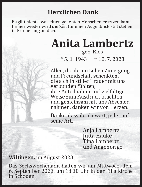 Traueranzeige von Anita Lambertz von trierischer_volksfreund