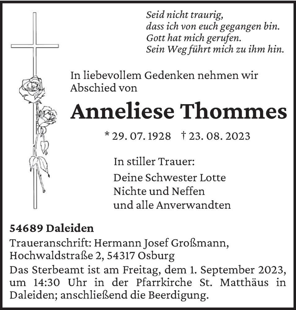 Traueranzeige für Anneliese Thommes vom 30.08.2023 aus trierischer_volksfreund