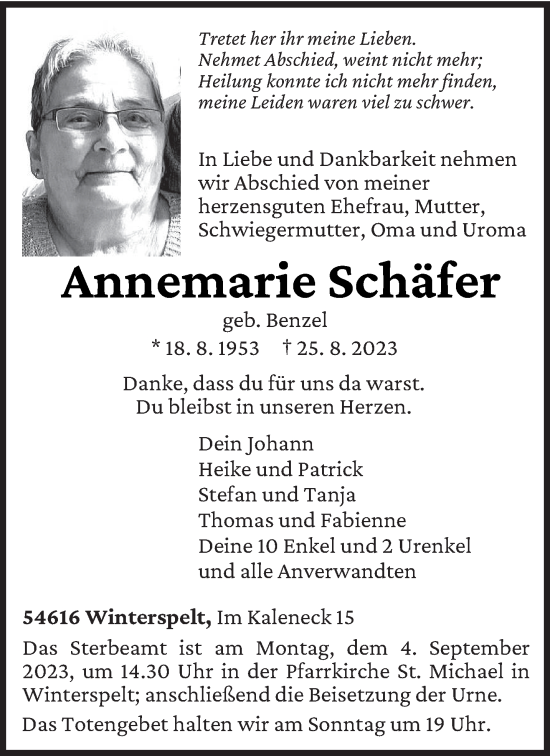 Traueranzeige von Annemarie Schäfer von trierischer_volksfreund