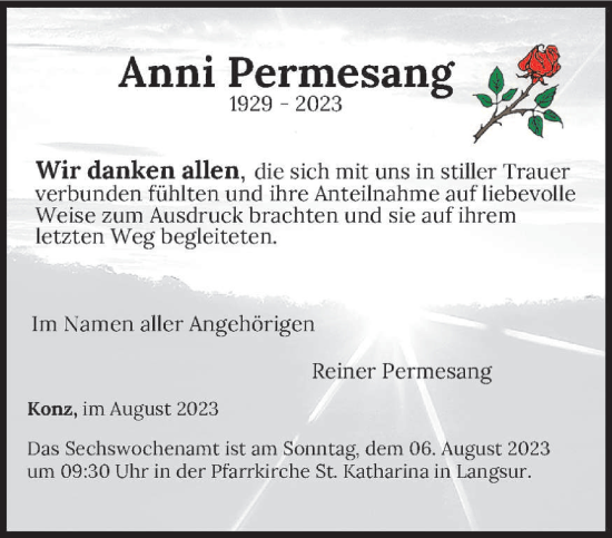 Traueranzeige von Anni Permesang von trierischer_volksfreund