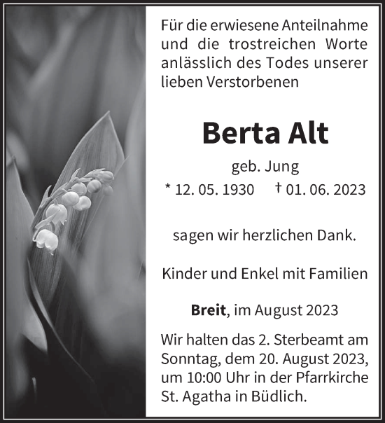 Traueranzeige von Berta Alt von trierischer_volksfreund
