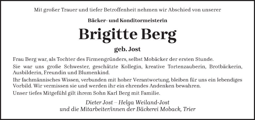  Traueranzeige für Brigitte Berg vom 30.08.2023 aus trierischer_volksfreund