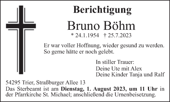 Traueranzeige von Bruno Böhm von trierischer_volksfreund