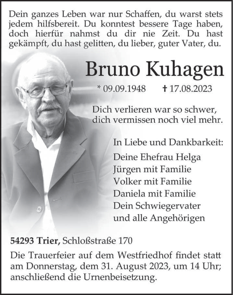  Traueranzeige für Bruno Kuhagen vom 26.08.2023 aus trierischer_volksfreund