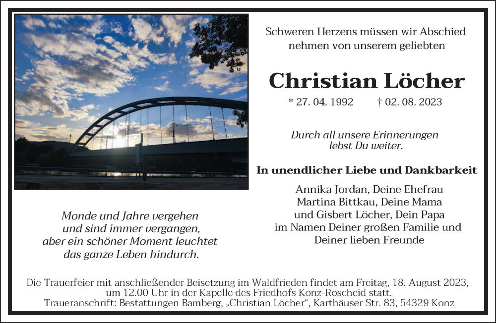  Traueranzeige für Christian Löcher vom 14.08.2023 aus trierischer_volksfreund