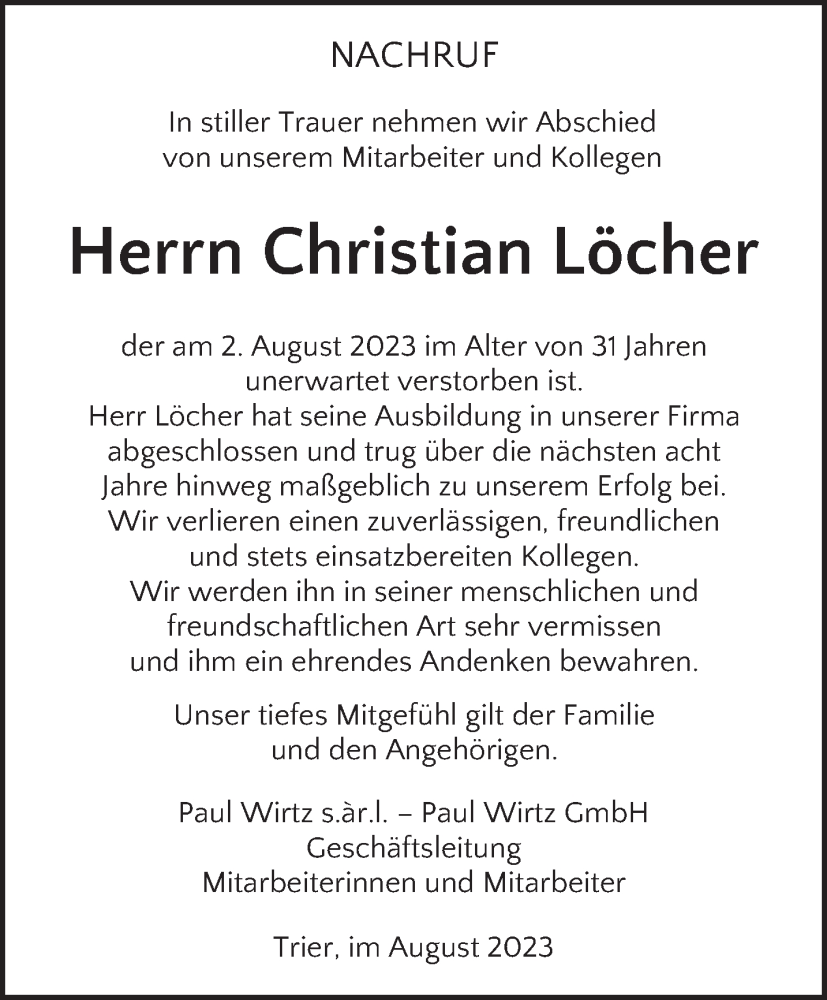  Traueranzeige für Christian Löcher vom 19.08.2023 aus trierischer_volksfreund