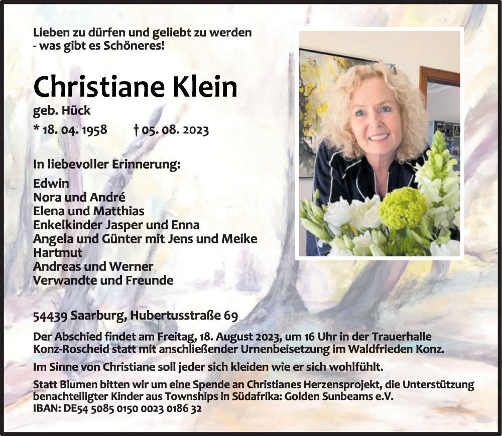  Traueranzeige für Christiane Klein vom 12.08.2023 aus trierischer_volksfreund