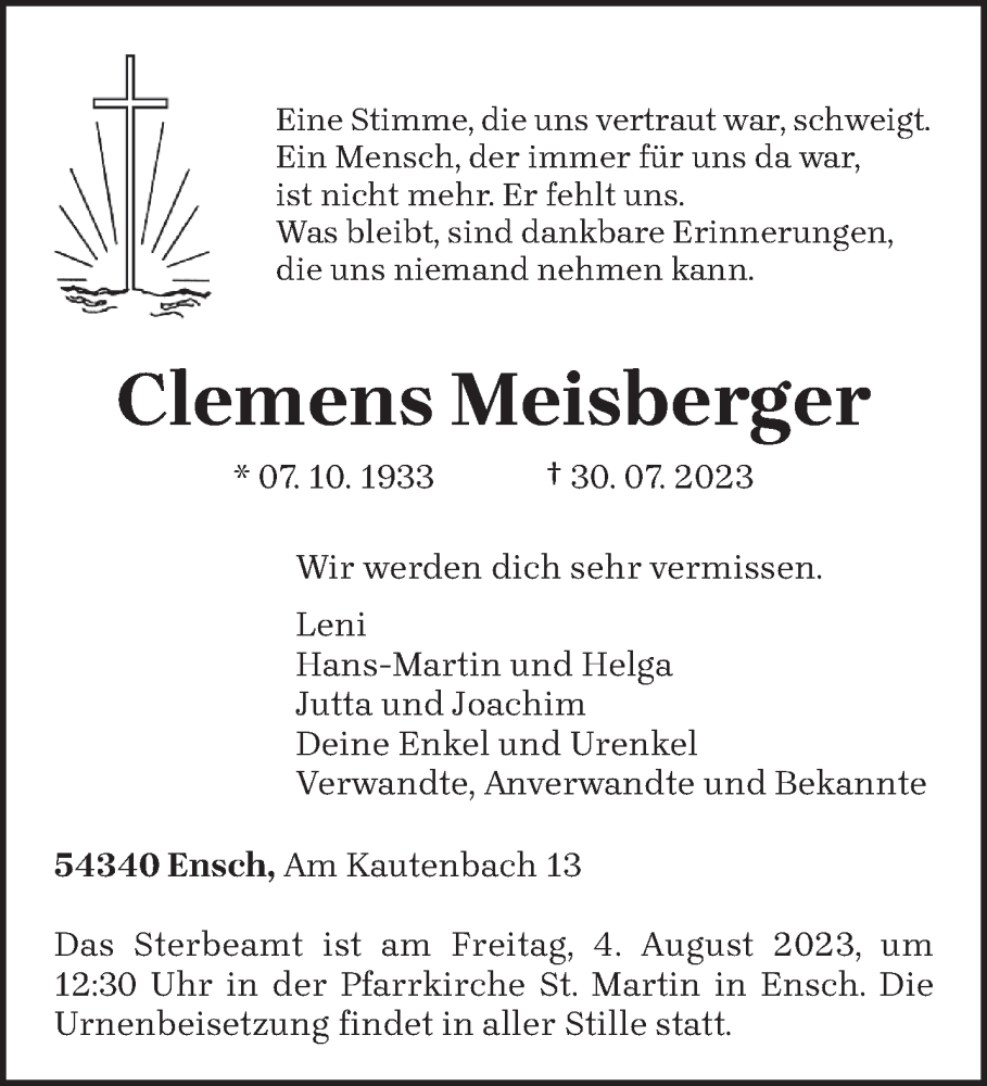  Traueranzeige für Clemens Meisberger vom 01.08.2023 aus trierischer_volksfreund
