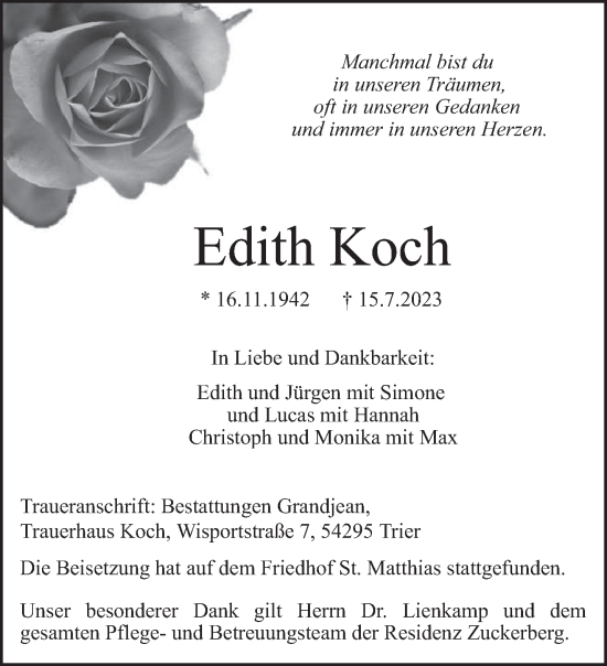 Traueranzeige von Edith Koch von trierischer_volksfreund