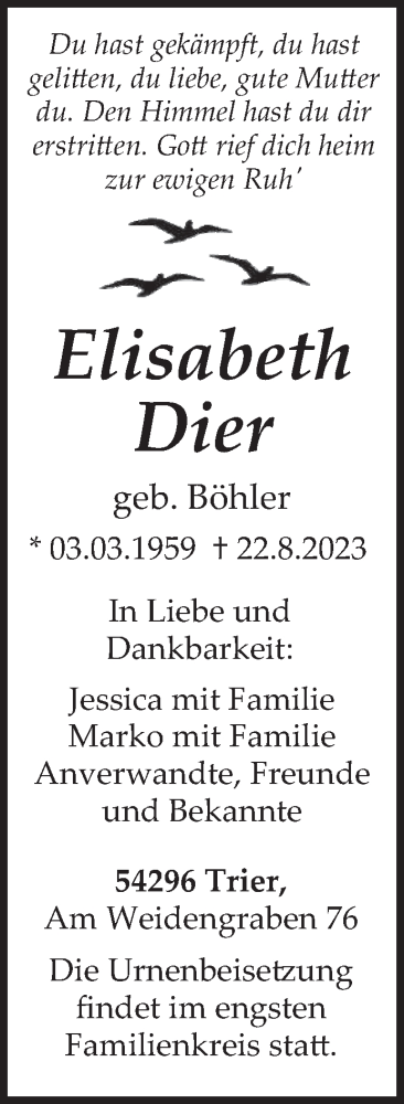 Traueranzeige für Elisabeth Dier vom 30.08.2023 aus trierischer_volksfreund
