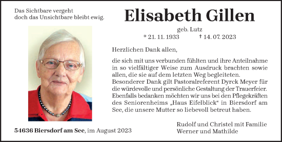 Traueranzeige von Elisabeth Gillen von trierischer_volksfreund