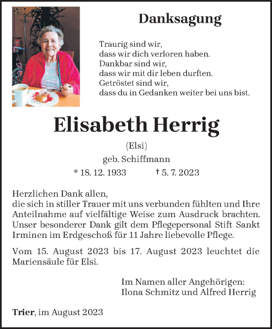 Traueranzeige von Elisabeth Herrig von trierischer_volksfreund