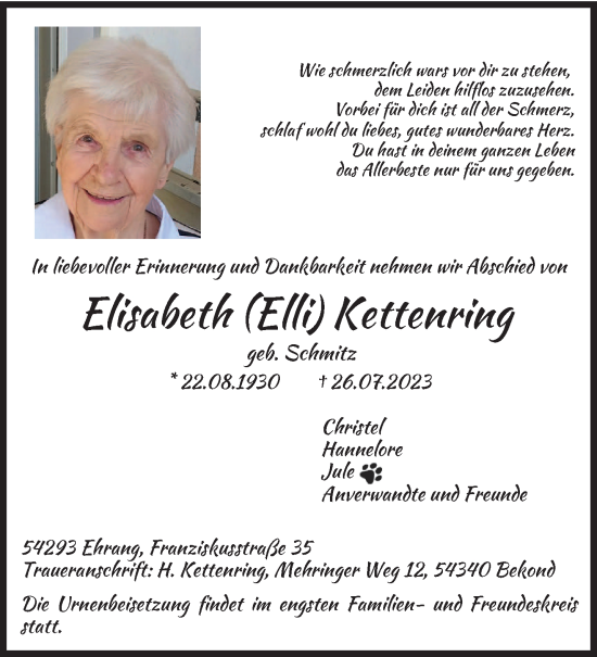 Traueranzeige von Elisabeth Kettenring von trierischer_volksfreund