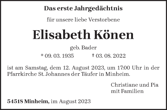 Traueranzeige von Elisabeth Könen von trierischer_volksfreund