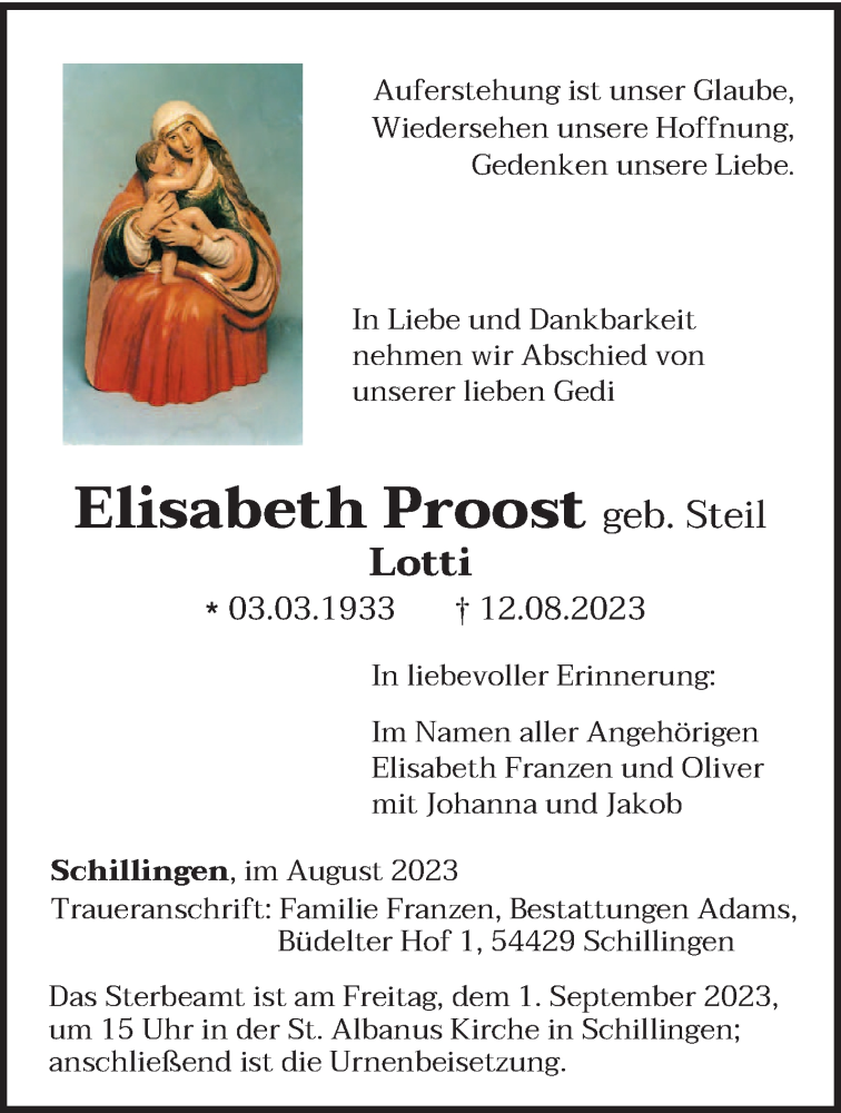  Traueranzeige für Elisabeth Proost vom 26.08.2023 aus trierischer_volksfreund