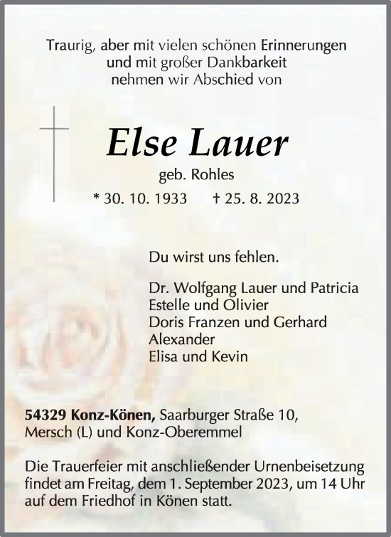 Traueranzeige von Else Lauer von trierischer_volksfreund
