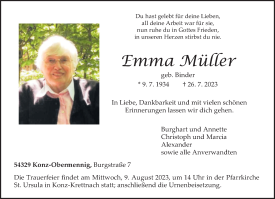 Traueranzeige von Emma Müller von trierischer_volksfreund