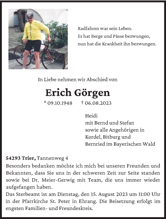 Traueranzeige von Erich Görgen von trierischer_volksfreund