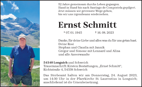 Traueranzeige von Ernst Schmitt von trierischer_volksfreund