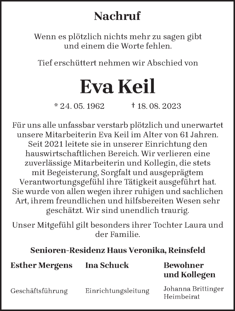  Traueranzeige für Eva Keil vom 22.08.2023 aus trierischer_volksfreund